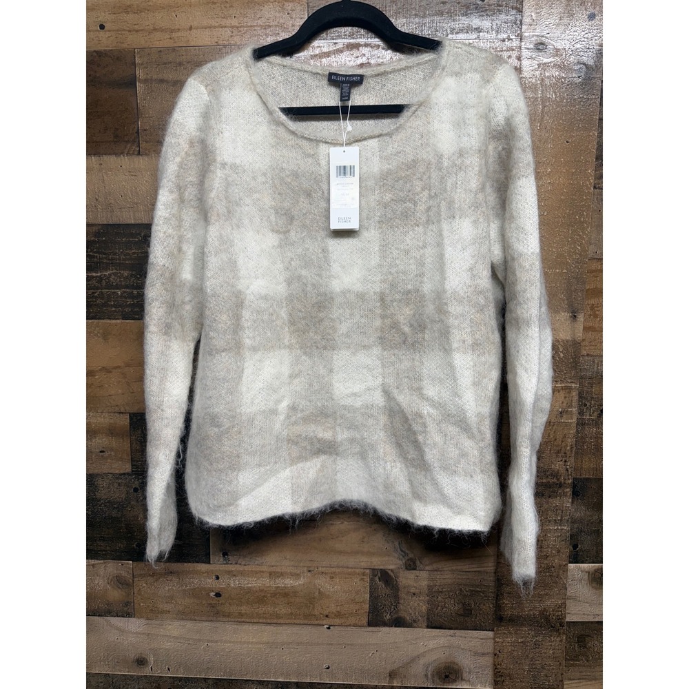 Eileen Fisher Brushed Alpaca Mohair Plaid Bateau Neck Sweater Oatmeal M‎ NEW